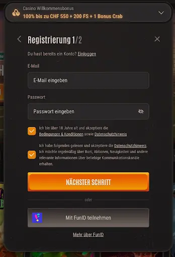Registrierungsformular Schritt 1 Casino Neon54