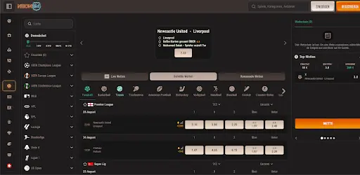 Neon54 Sportwetten – Übersicht der kommenden Spiele mit Quoten, Newcastle United vs. Liverpool.