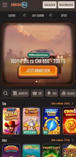 Neon54 Casino Startseite mit Willkommensbonus 100% bis zu CHF 550 + 200 Freispiele und beliebten Spielautomaten.