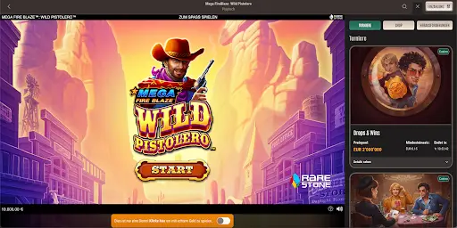 Slotspiel Mega Fire Blaze: Wild Pistolero mit Cowboy-Thema im Neon54 Casino.
