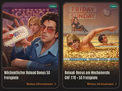 Neon54 Casino Reload Boni – wöchentlicher Reload Bonus mit 50 Freispielen und Wochenend-Reload Bonus bis zu CHF 770 + 50 Freispiele.
