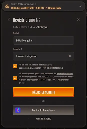 Registrierungsformular Neon54 Casino mit Willkommensbonus 100% bis zu CHF 550 + 200 Freispiele.