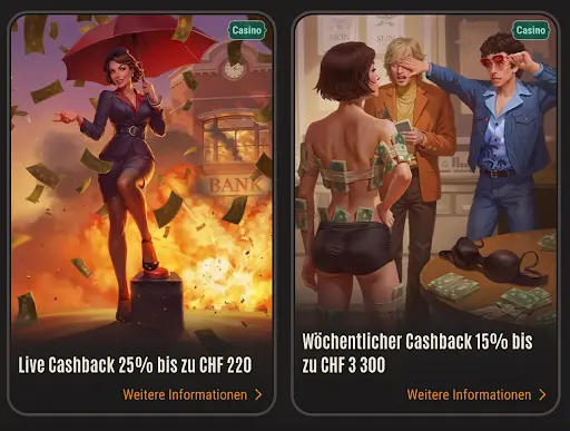 Neon54 Casino Cashback Aktionen – Live Cashback 25% bis zu CHF 220 und wöchentlicher Cashback 15% bis zu CHF 3 300.
