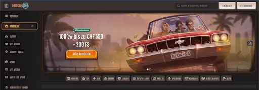 Neon54 Casino Startseite mit Willkommensbonus 100% bis zu CHF 550 + 200 Freispiele.