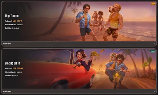 Neon54 Casino turnaje – Tipp-Turnier na pláži a Blazing Clash s automobilom a motorkou.