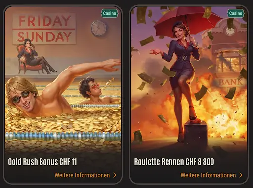 Neon54 Casino – Gold Rush Bonus CHF 11 und Roulette Rennen CHF 8 800 mit spektakulären Promotionsbildern.