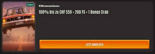 Neon54 Casino Willkommensbonus – Auto mit Spielern, Bonus 100% bis CHF 550 + 200 FS + 1 Bonus Crab.